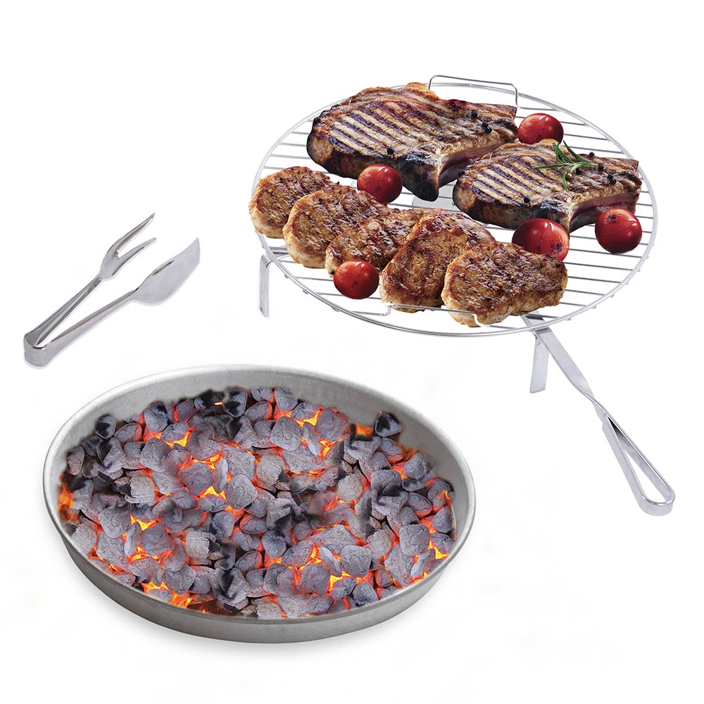 Round grilling grate with three legs and included tongs, holding grilled food