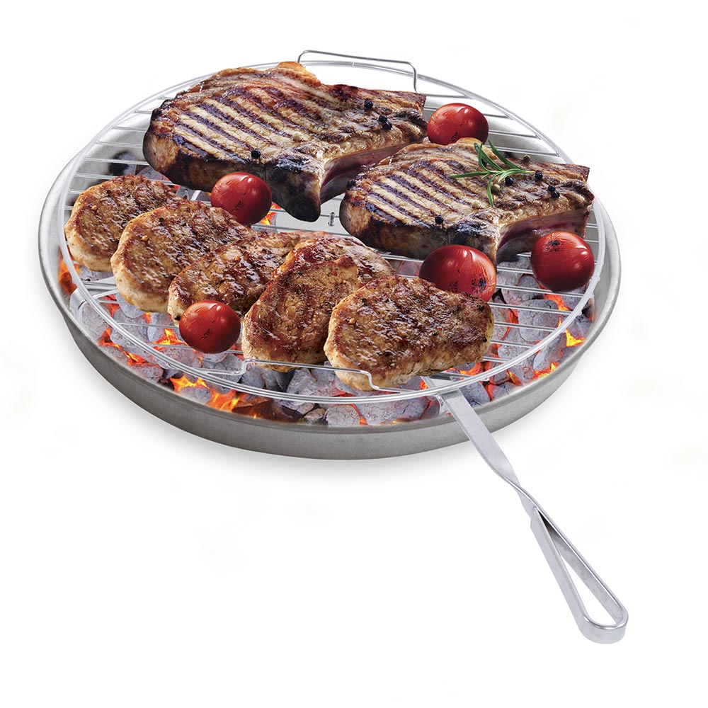 Round grilling grate with long handle and three legs, holding grilled food and red pieces
