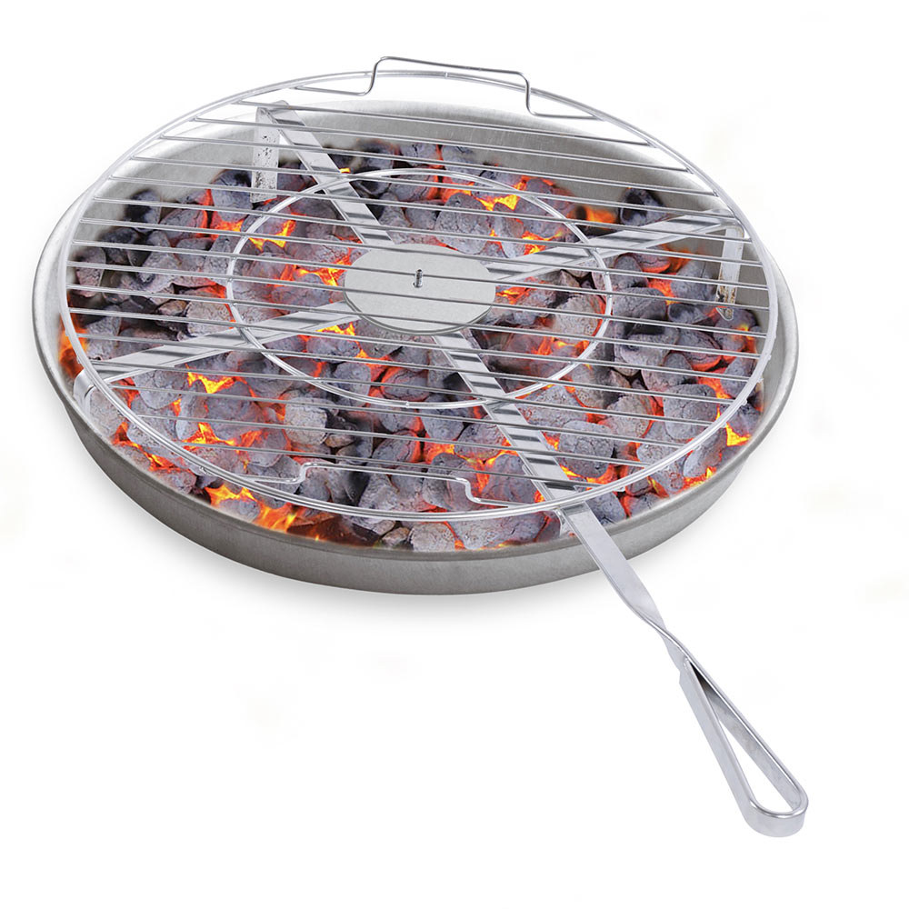Round grilling grate with long handle and three legs, with burning coals beneath
