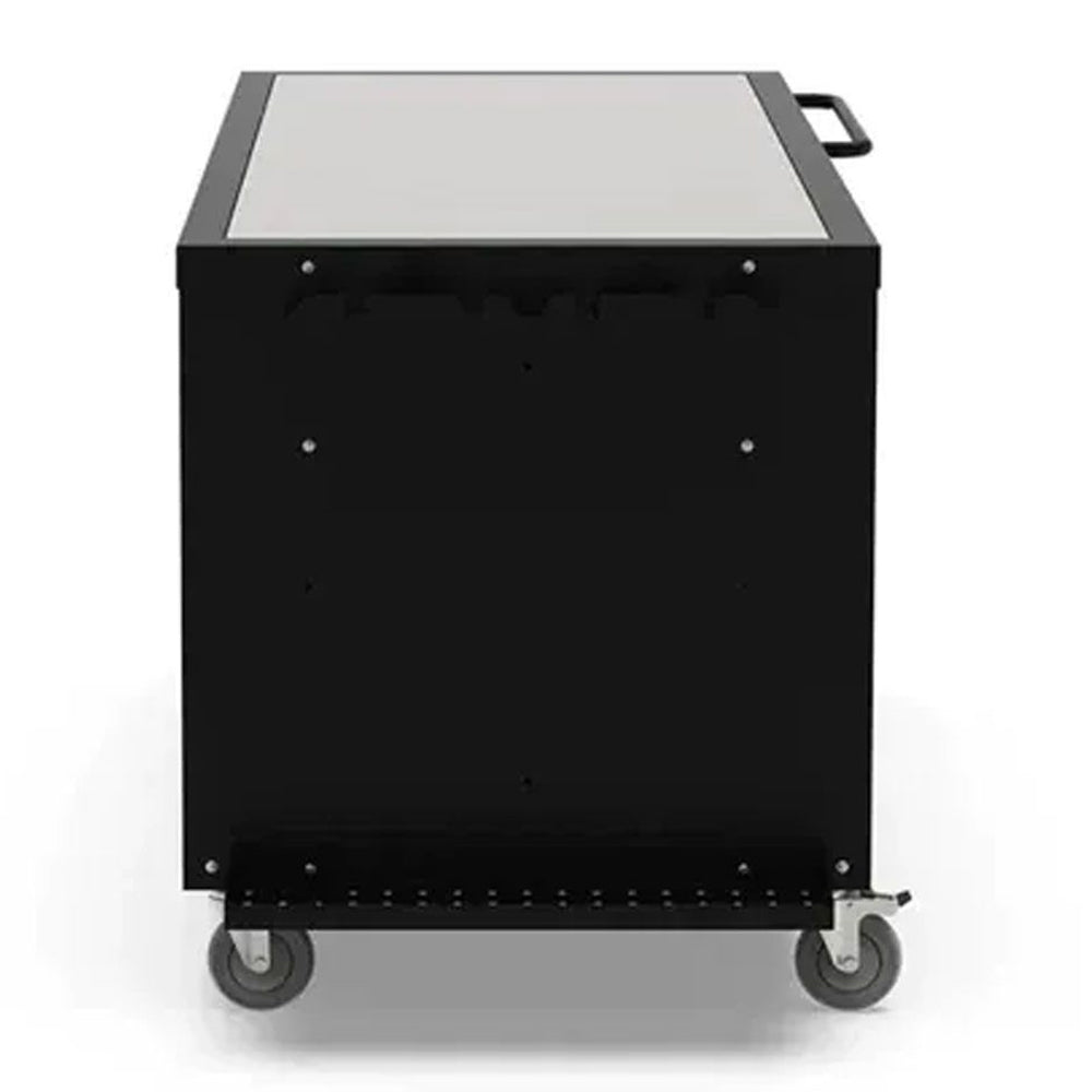 Black cooking station cabinet with tabletop, side handle, and four caster wheels
