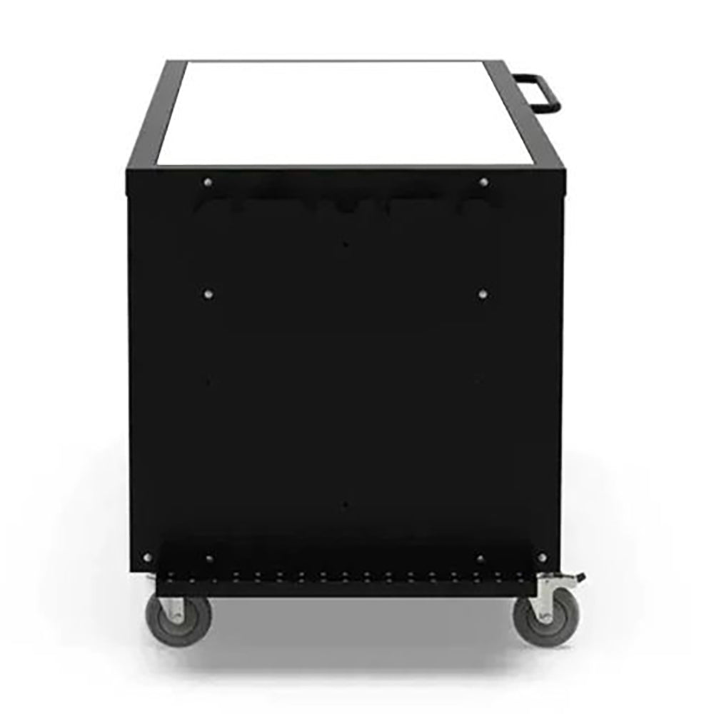 Black cooking station cabinet with tabletop and front caster wheels