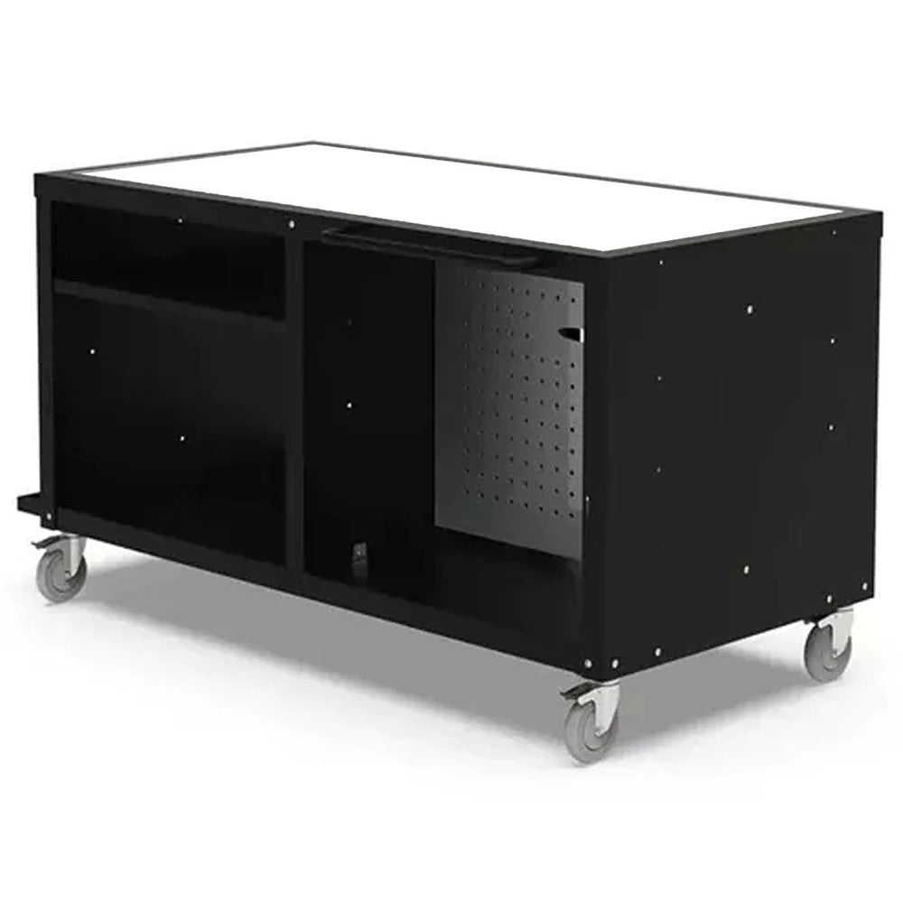Black cooking station cart with open storage bay, side perforated panel, and casters