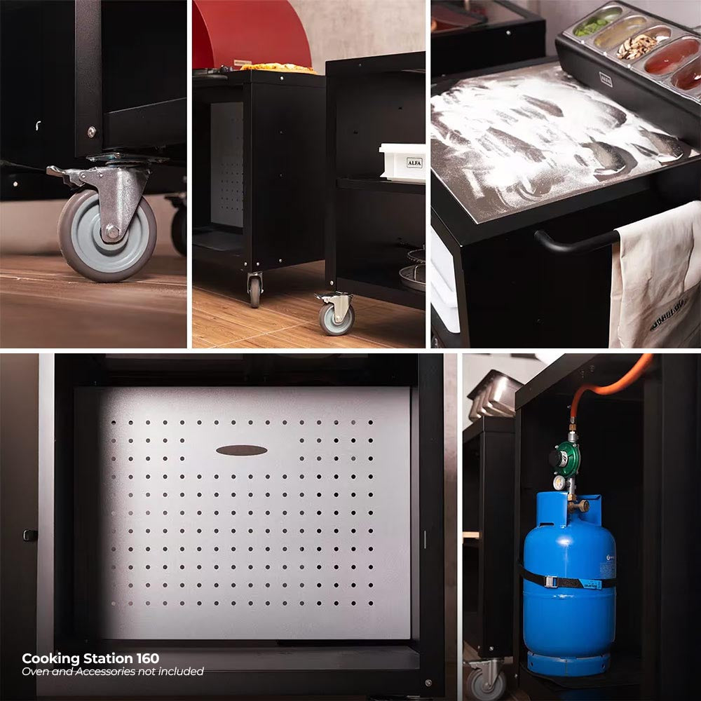Cooking station with perforated oven panel and connected gas cylinder