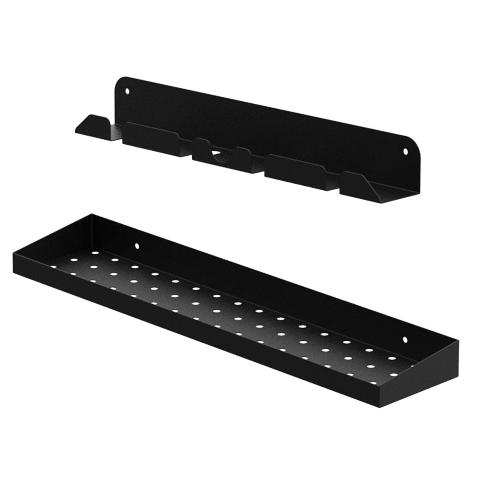 Black wall-mount peel holder with perforated tray and hanging clips