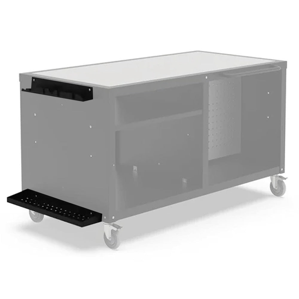Gray rack with black perforated peel holder tray and side mounting shelf