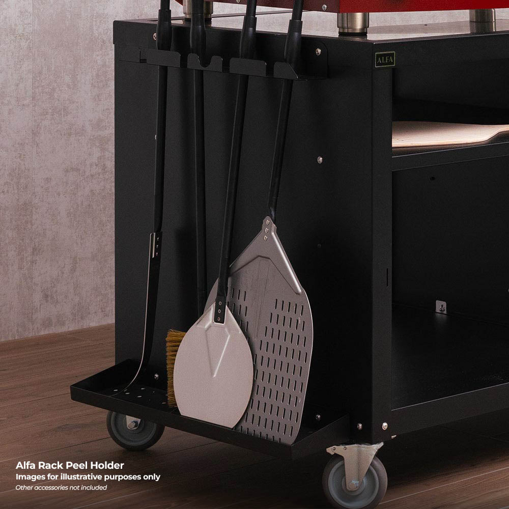 Black rack with hanging peel holder containers and perforated base tray