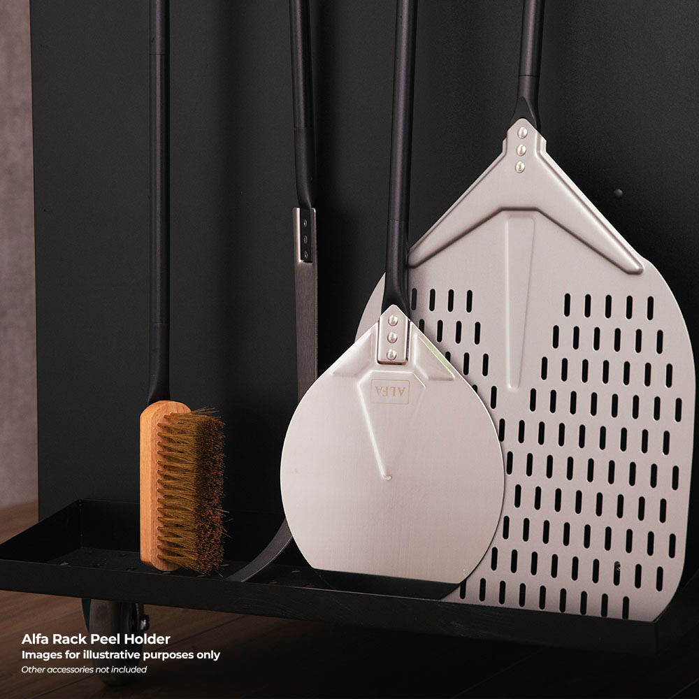 White perforated peel holder container with another hanging holder on rack