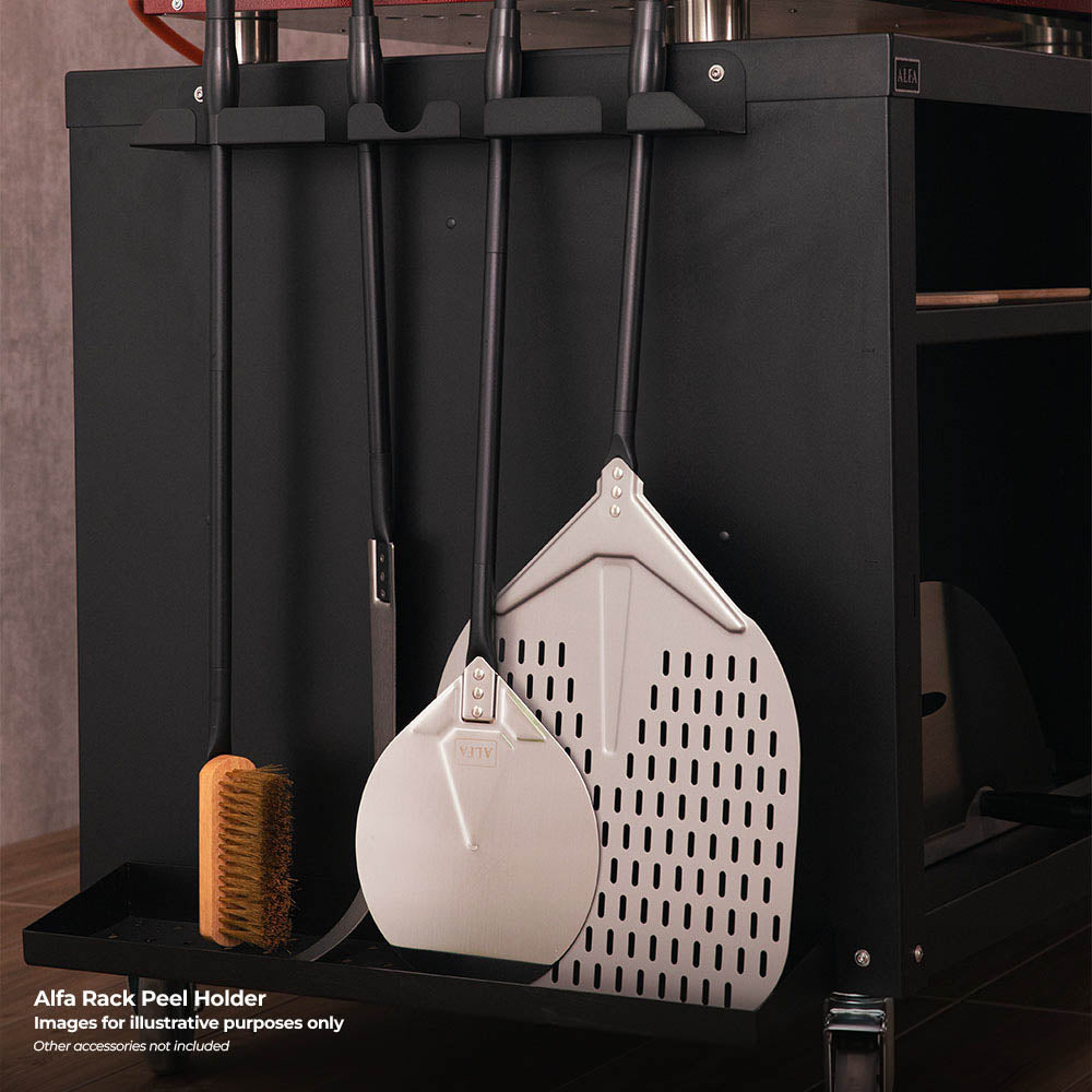 Black rack with hanging white peel holder containers and brush on base