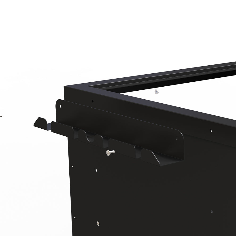 Black wall-mount peel holder back plate with mounted shelf and screws