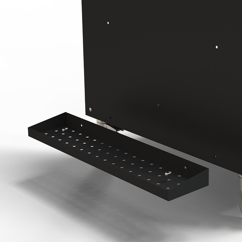Black perforated peel holder tray extending from wall-mount rack