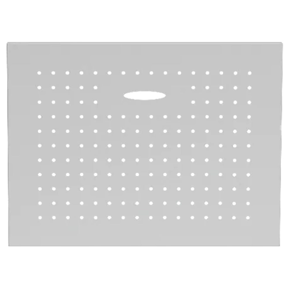 Gas tank cover with perforated metal panel and oval opening, light gray.