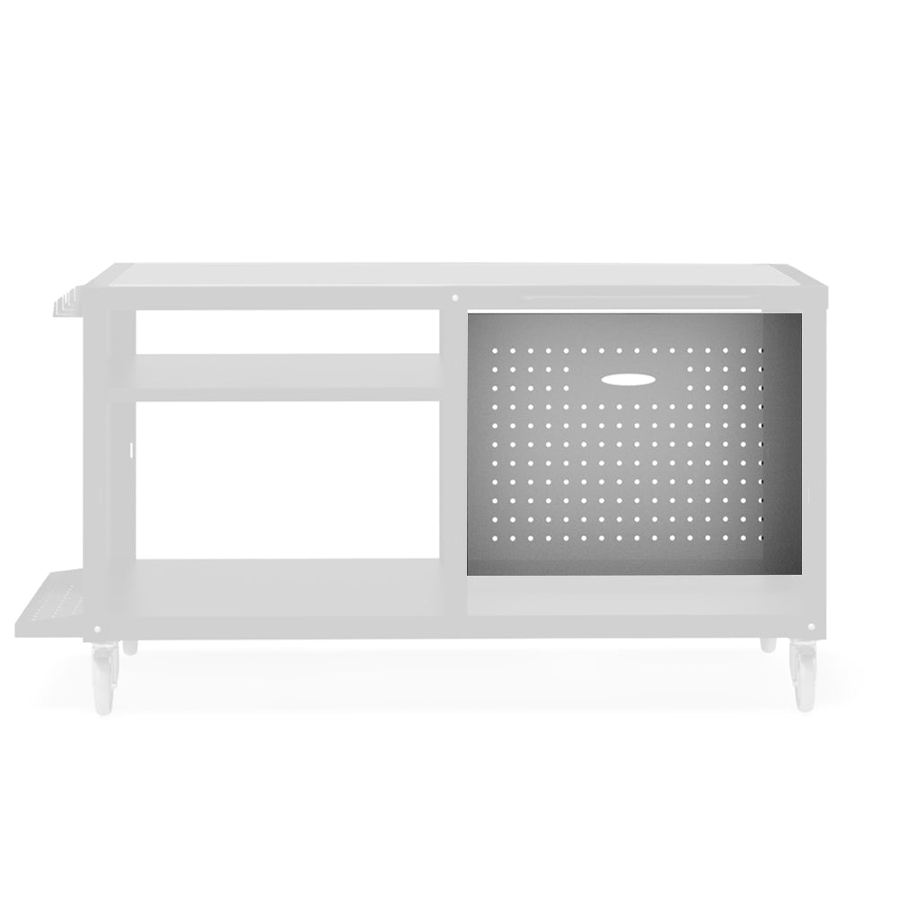 Gas tank cover with open frame and perforated side panel with oval cutout, light gray.