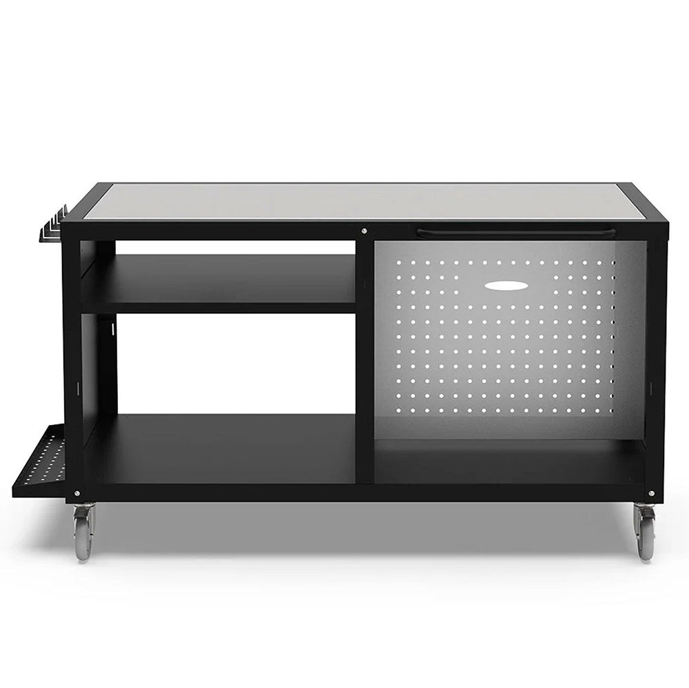 Black cooking station cart with pegboard panel, open shelves, side table, and wheels