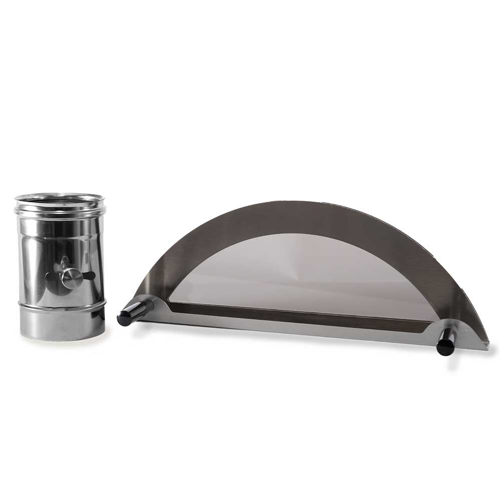 Pizza oven chimney and flue kit with stainless steel parts and curved hood