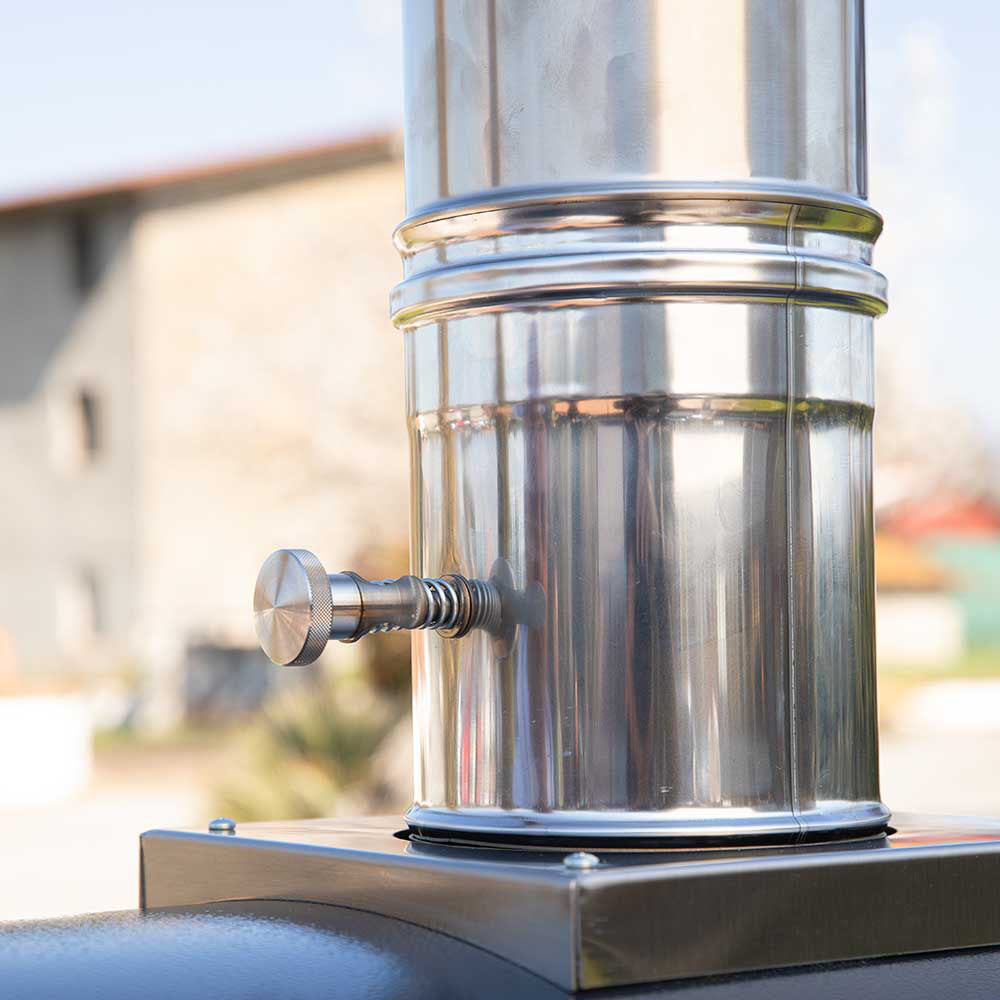 Stainless steel chimney section with mounting plate and knob on pizza oven