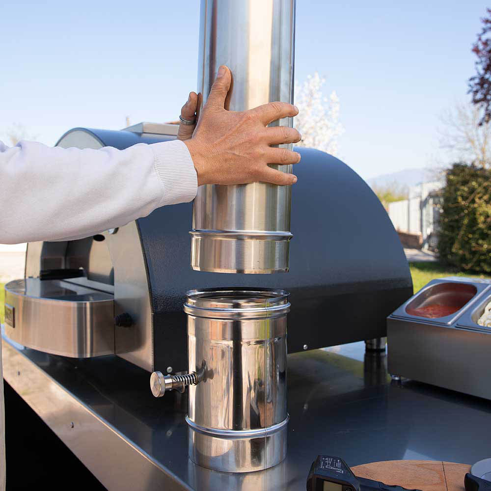 Outdoor pizza oven chimney and top flue with stainless steel frame