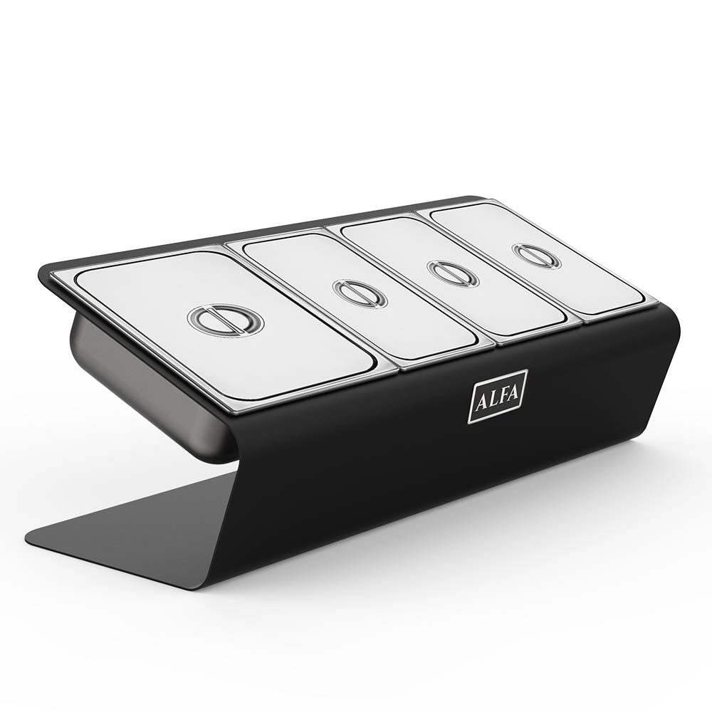 Black countertop topping station with four lidded compartments and silver insert trays