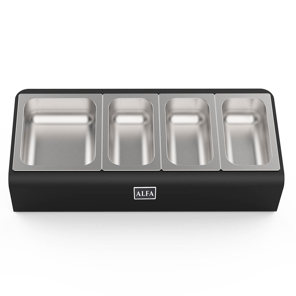 Black topping station base with four empty silver metal compartments