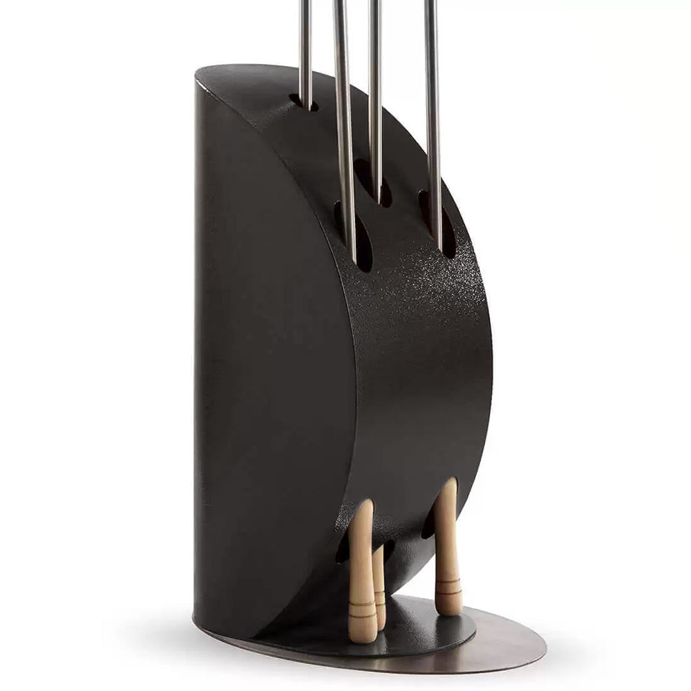 Anthracite grey pizza peel stand with three vertical rods and two wooden support pegs