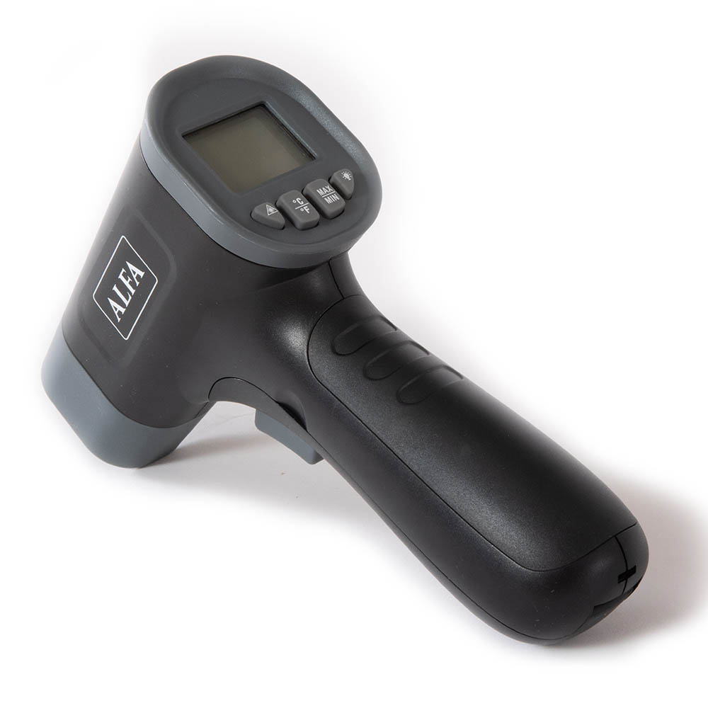 Handheld black laser thermometer with LCD screen and keypad buttons