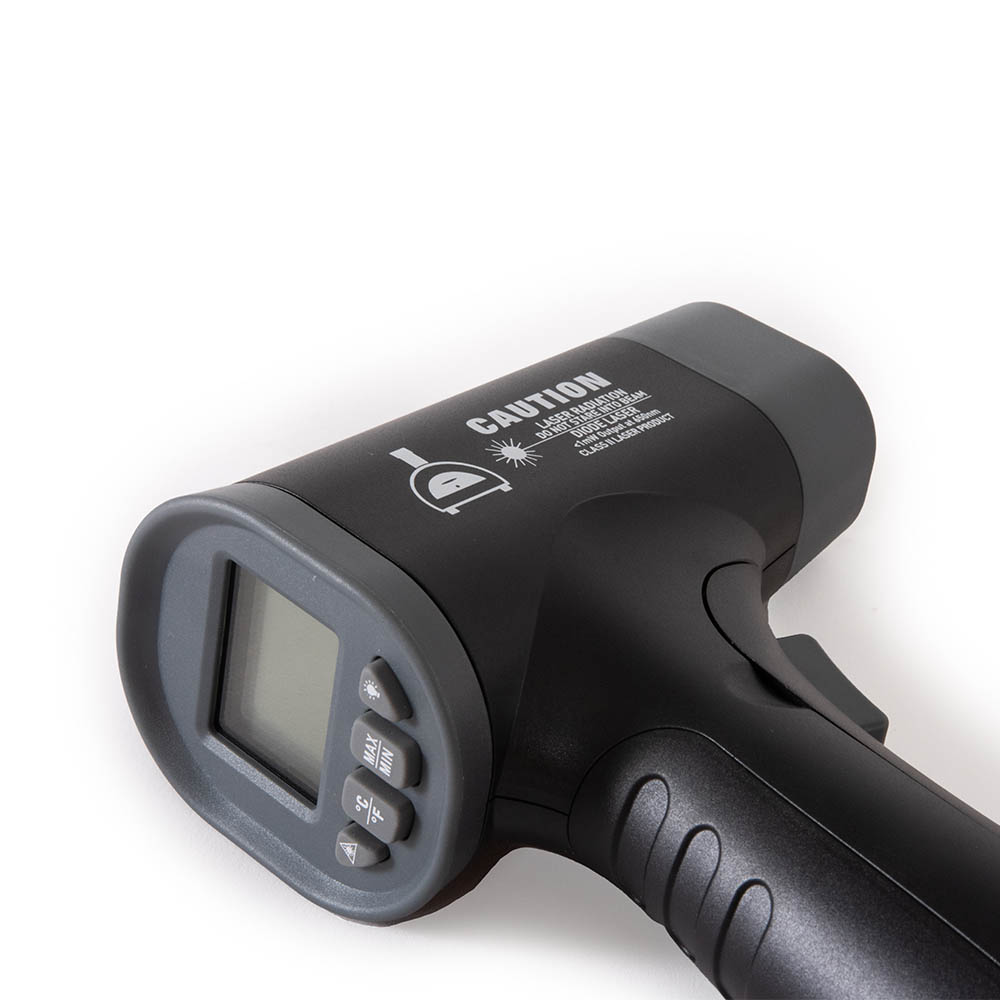Black laser thermometer with angled LCD display and side control buttons
