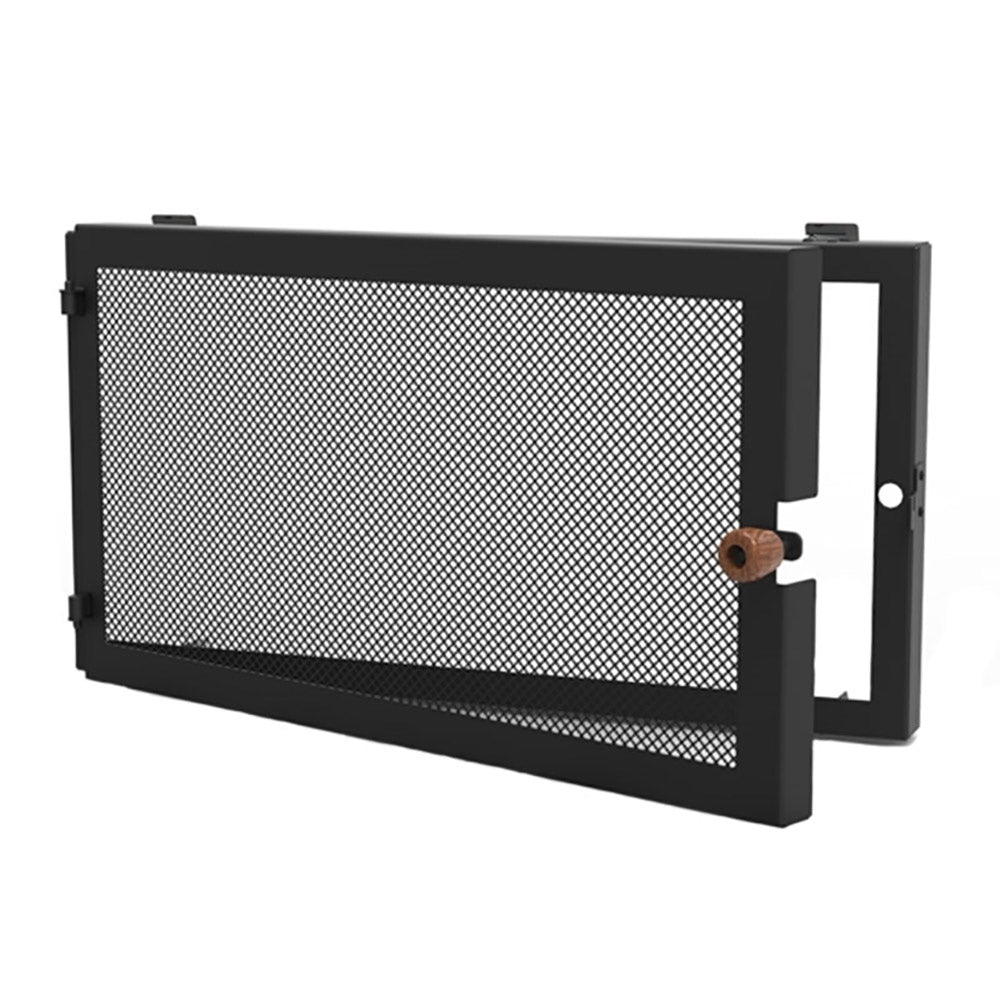 Black fireplace fire screen with metal mesh panel and hinged frame