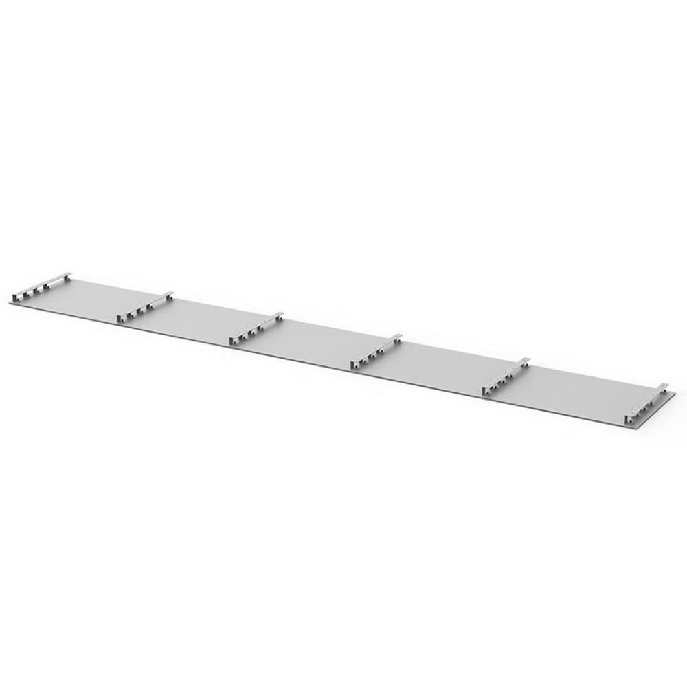 Gray metal heat shield panel with mounting tabs, long rectangular shape