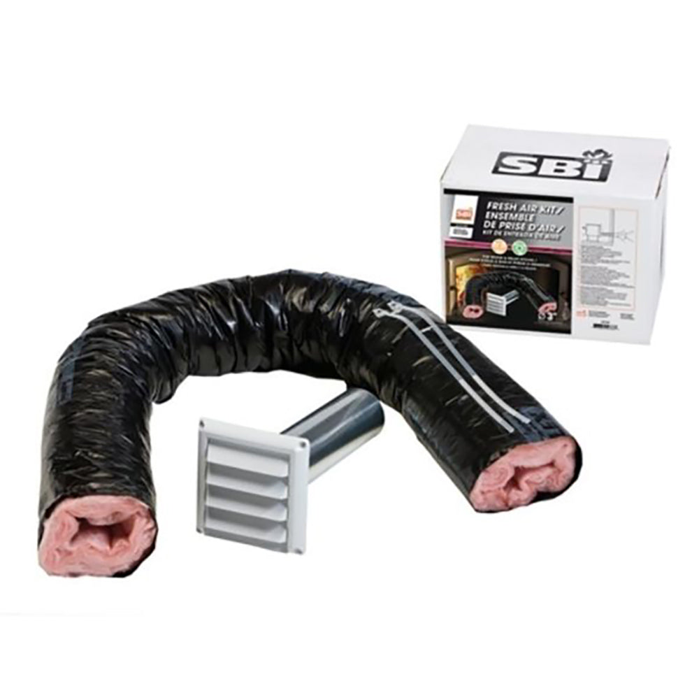 Fresh air intake kit: black insulated flexible duct with metal vent and packaging box