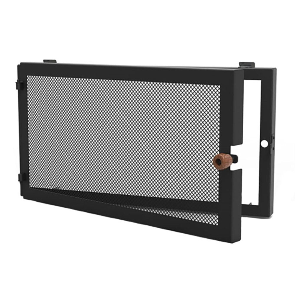 Black fire screen door with mesh panel and swing frame, with side handle and latch