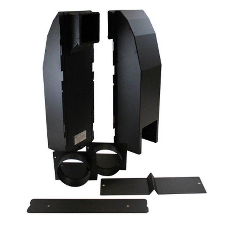 Osburn hot air gravity distribution kit with black metal duct sections and mounting plates