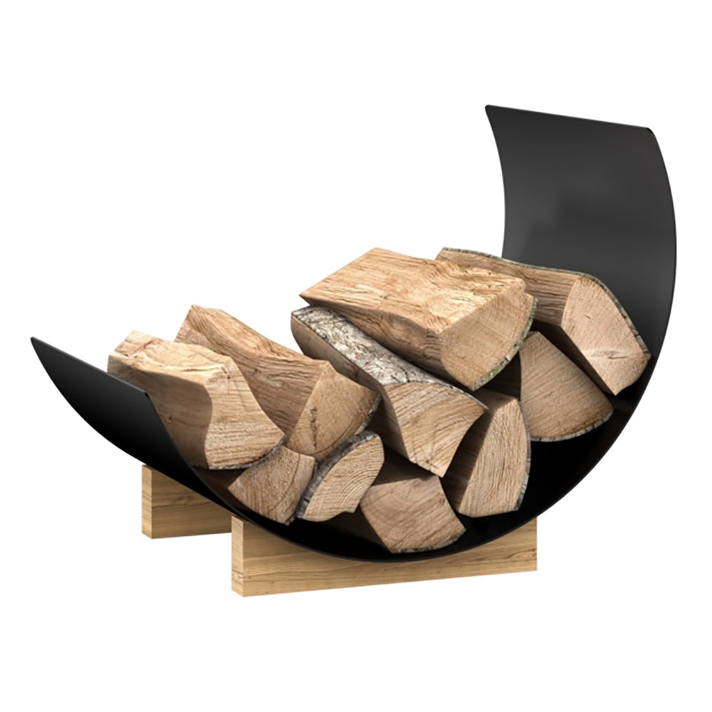 Black log holder with stacked light-wood fire logs