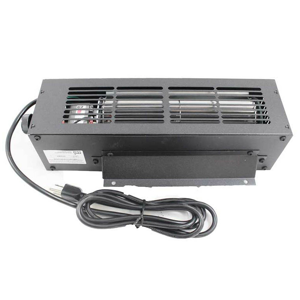 Wood stove blower assembly with vent grille and attached power cord
