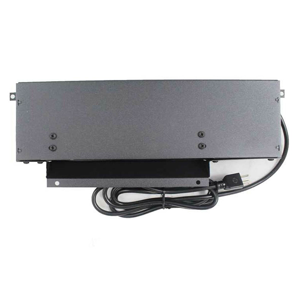 Wood stove blower assembly side view with wiring and mounting bracket