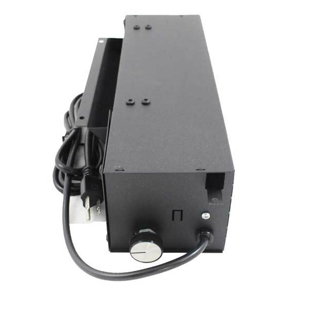 Wood stove blower assembly angled view with control knob and power plug