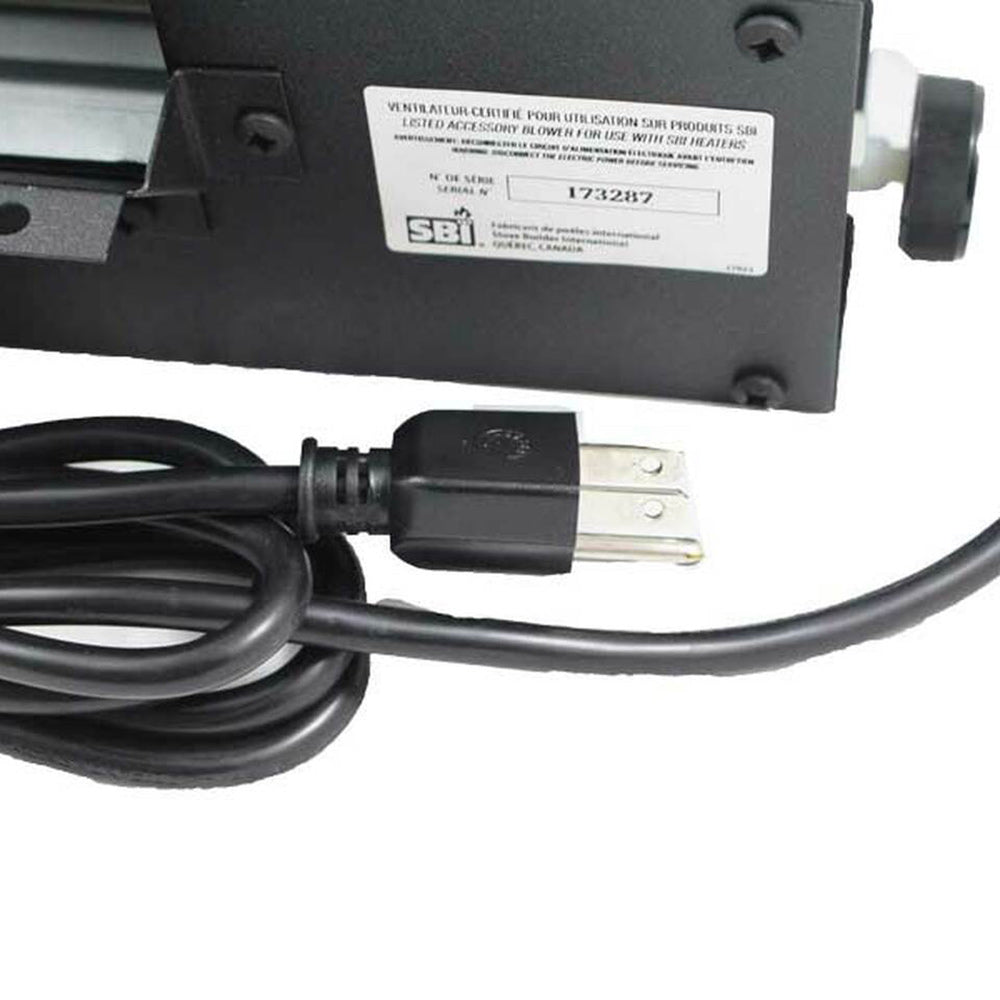 Blower assembly power cord with two-prong plug and product label on housing