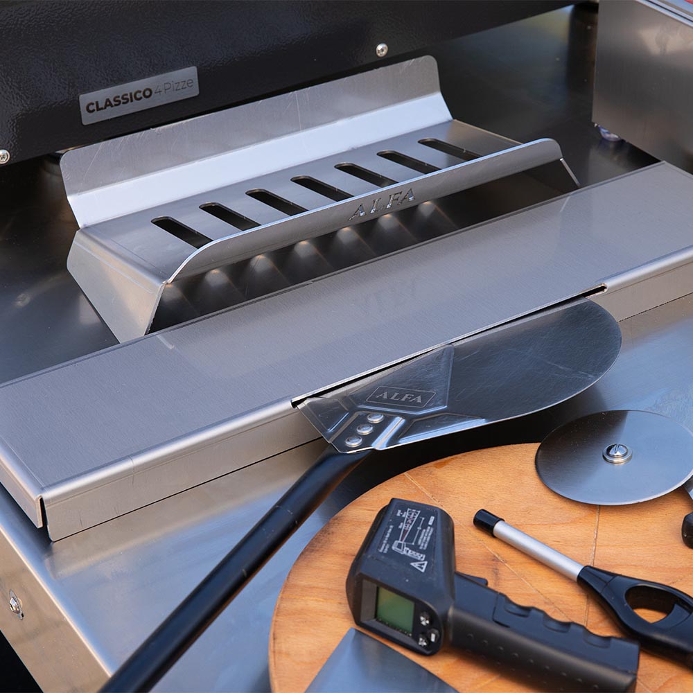 Alfa pizza oven front heat deflector over the open cooking chamber