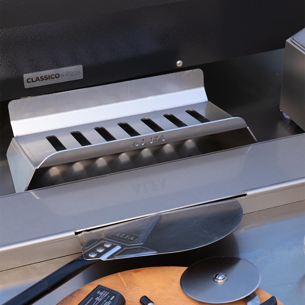 Pizza oven accessory tray with slotted insert and branded metal guard, silver