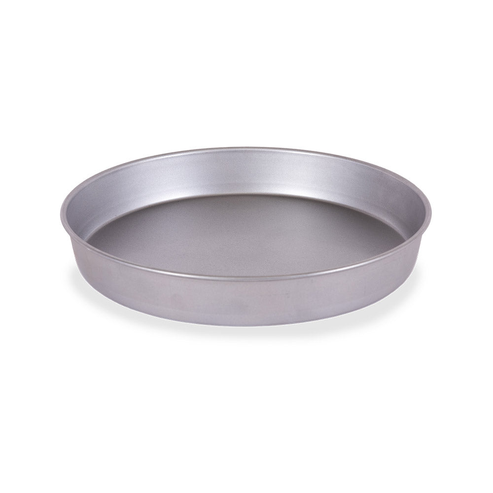 Round baking tray, metallic gray pan with curved sides