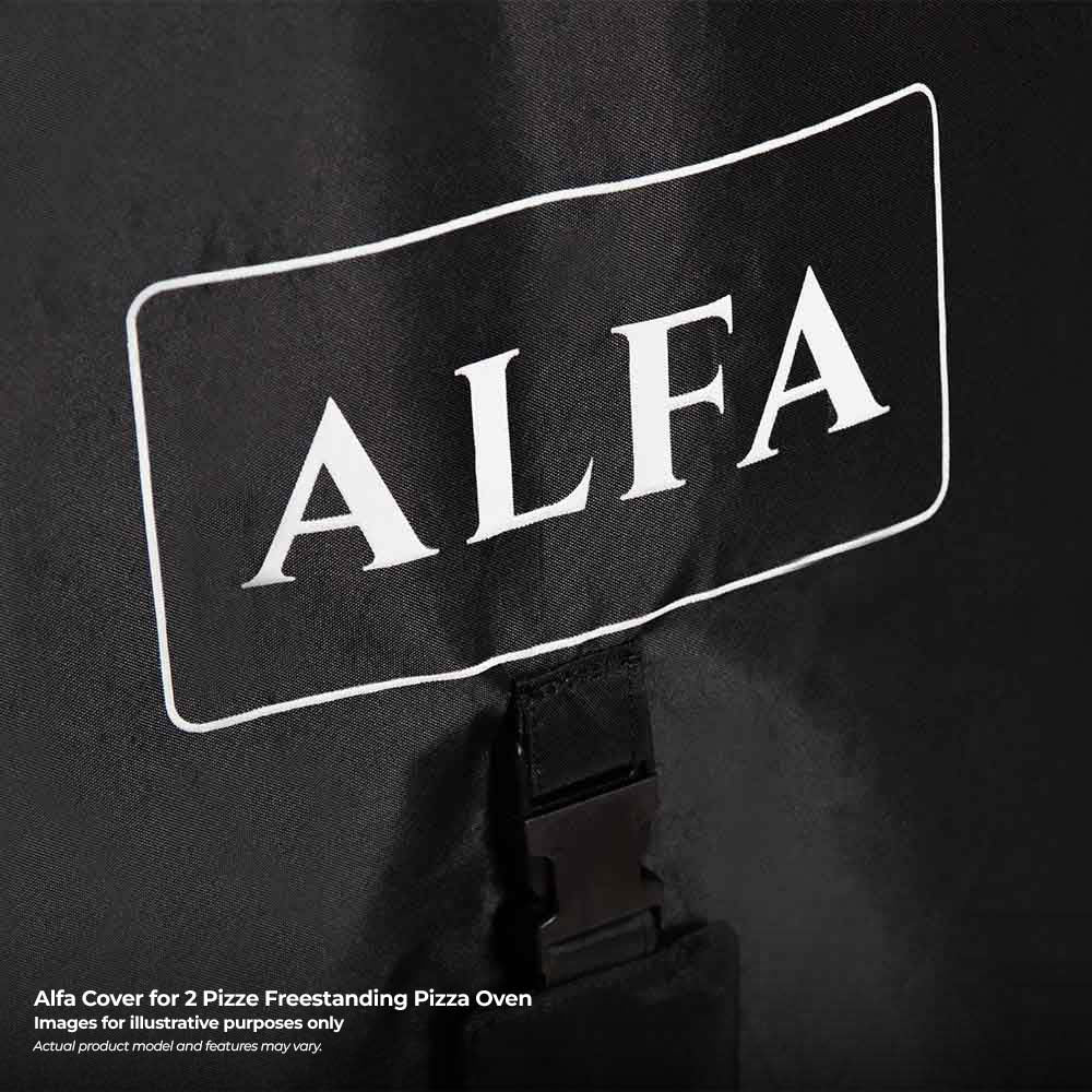 Pizza oven cover with ALFA logo badge on black fabric