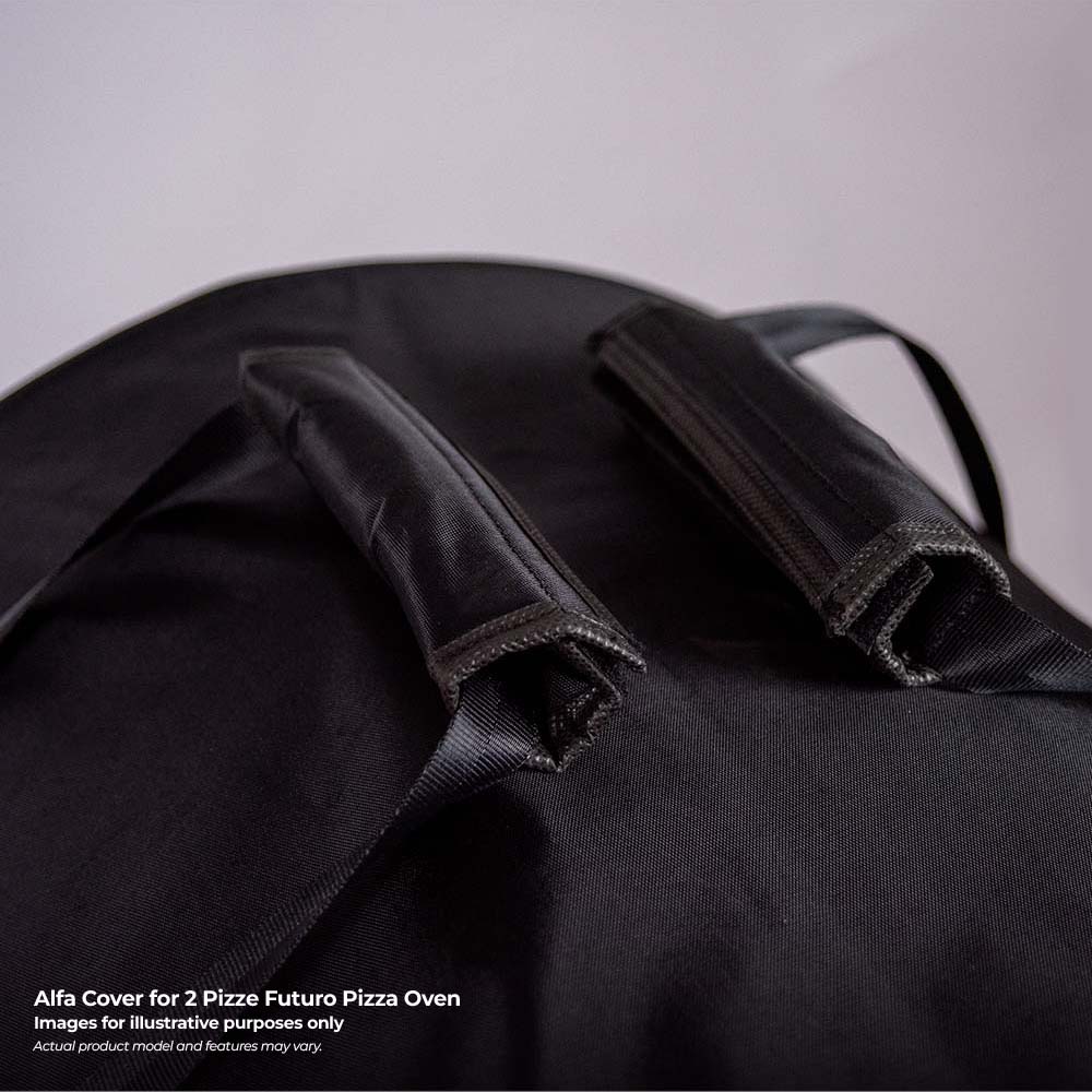 Black Alfa oven cover with reinforced strap handles and zipper seam