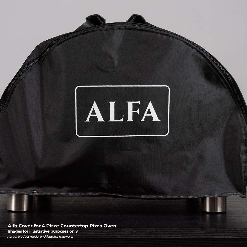 Alfa pizza oven cover in black with ALFA logo panel and top handle loops