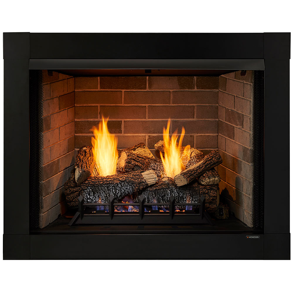 Vent-free firebox with black surround and visible gas log flames in a brick interior.