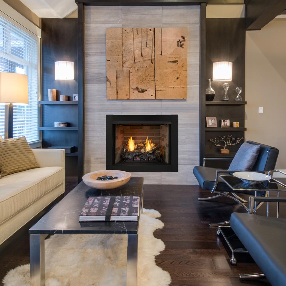 Vent-free firebox insert with gas log flames in a modern living room, black frame.