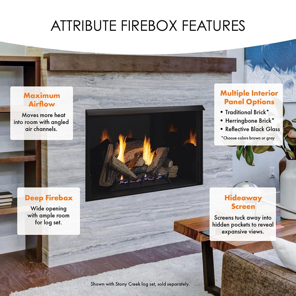 Firebox features graphic with inset burning chamber and airflow callouts