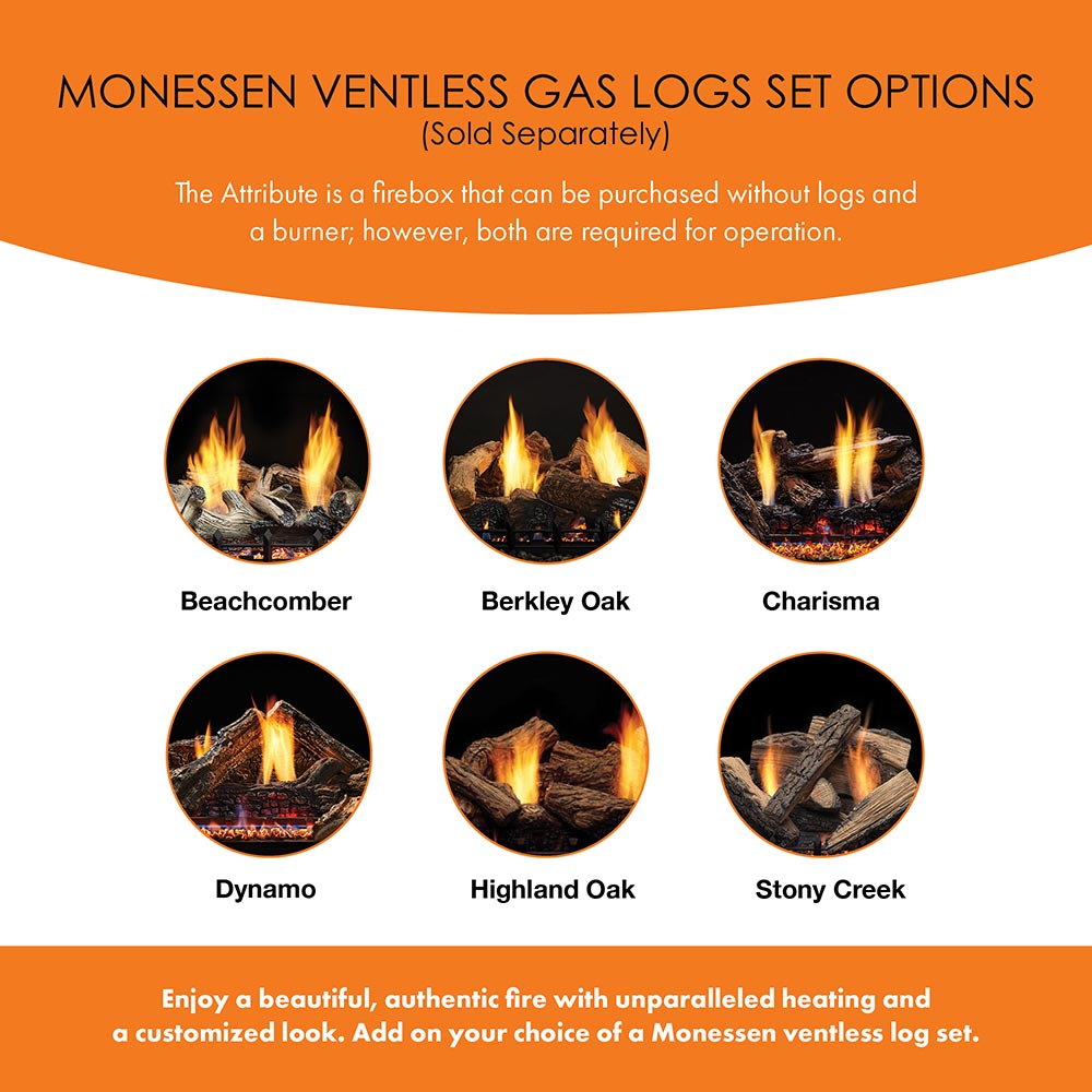 Monessen ventless gas logs set options infographic with six flame log styles
