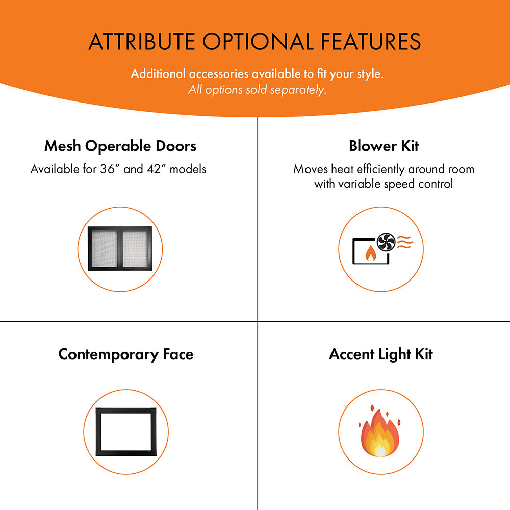 Optional features infographic with mesh doors, blower kit, and accent light icons