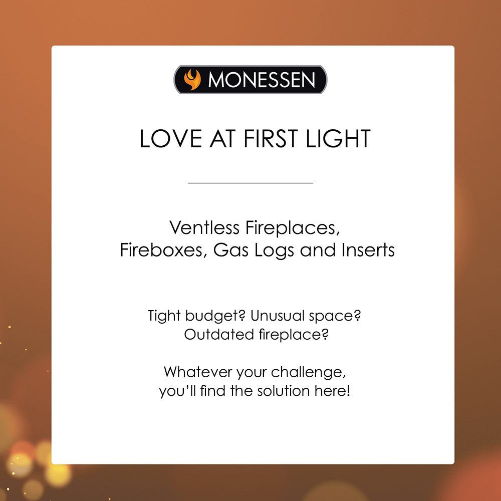 Monessen brochure cover reading “Love at first light” for ventless fireplaces and logs.