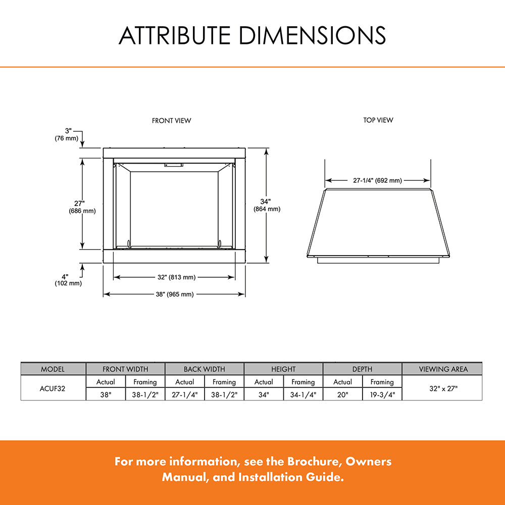 Monessen Attribute firebox dimensions diagram with front and top view measurements