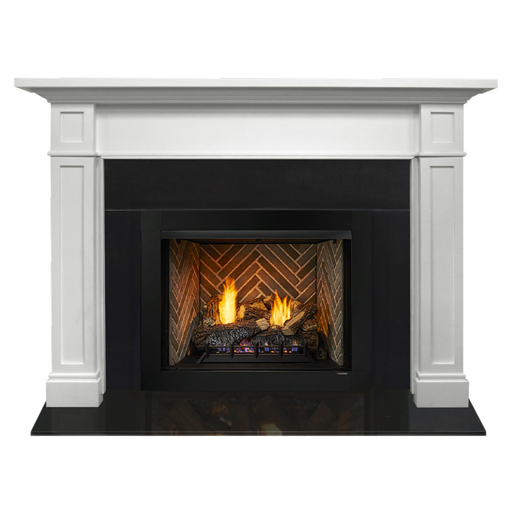 White Acadia flush mantel with black vent-free firebox and glowing log set