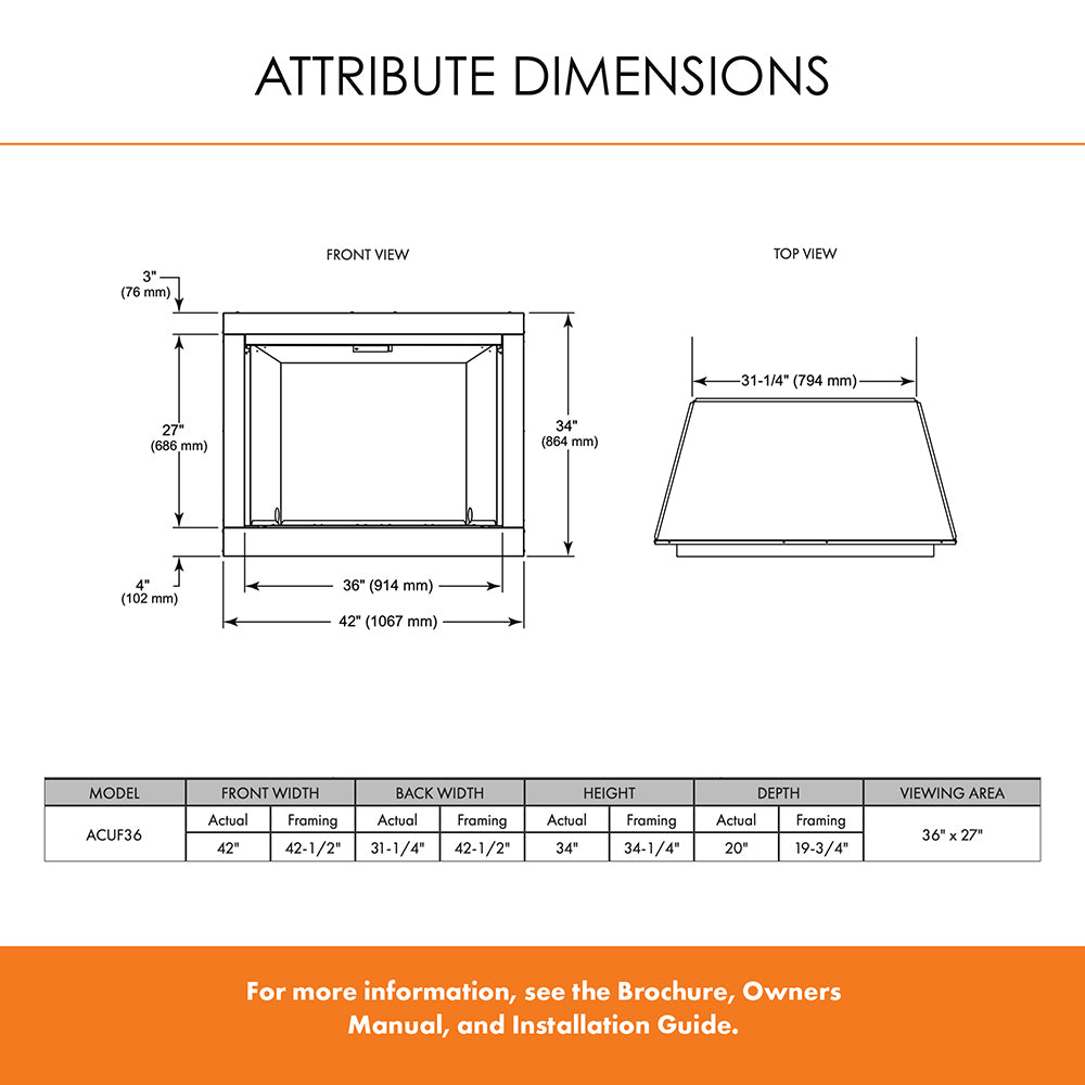 Ventless firebox dimensions diagram with front and top view measurement lines.